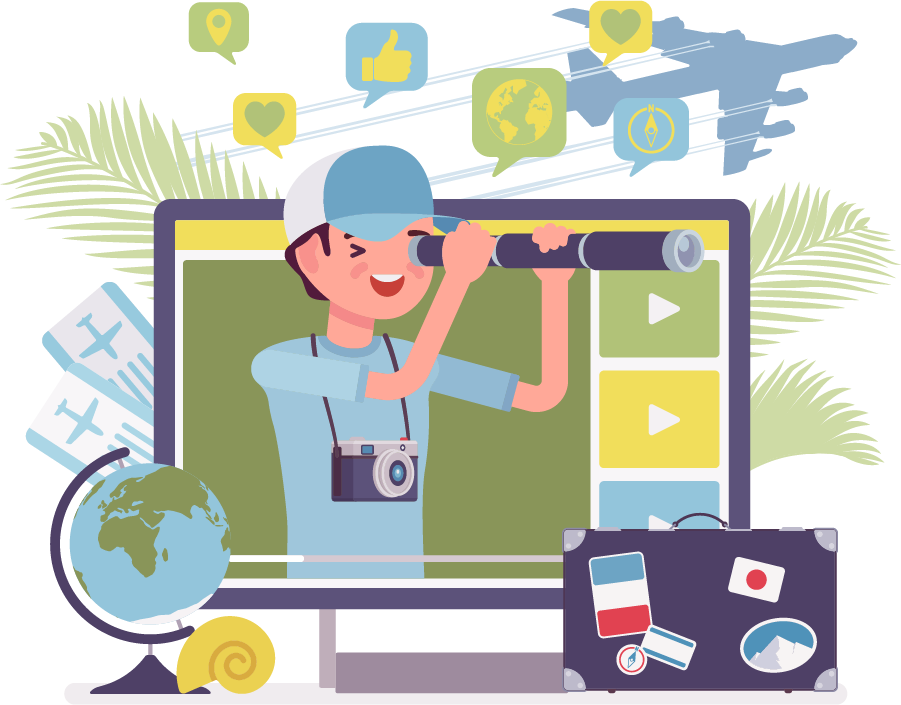 Illustration of a traveler using binoculars in front of a computer screen, surrounded by travel icons and a globe, representing exploration and adventure.