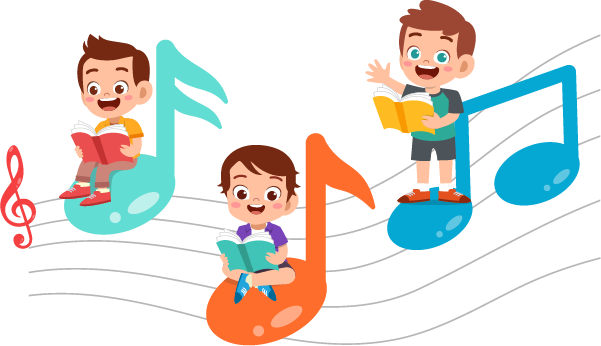 Three cheerful children reading books while sitting on colorful musical notes.
