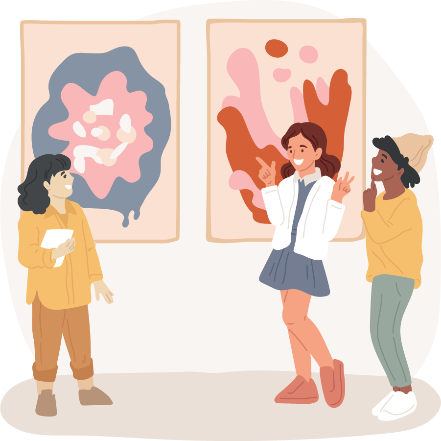 Three young women discussing abstract art at an exhibition, with colorful paintings in the background.