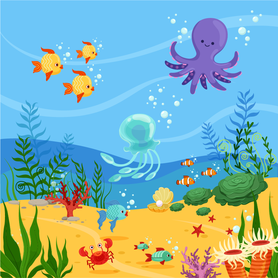 Colorful underwater scene featuring various cartoon sea creatures, including fish, an octopus, and a crab, amidst vibrant coral and plants.