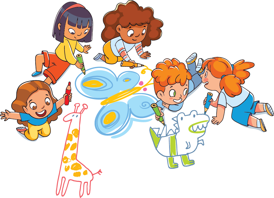 Colorful illustration of five children joyfully drawing animals and a butterfly on the ground with markers.