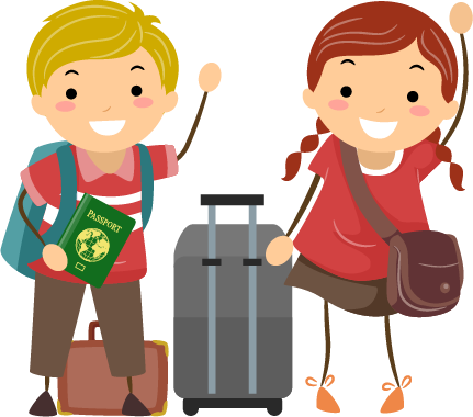 Illustration of a boy and girl excitedly preparing for travel, holding a passport and standing next to their luggage.