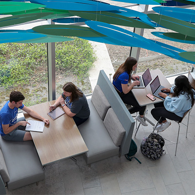 arial shot of students working at tables