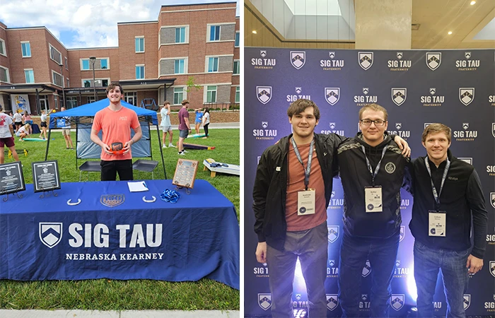 a collage of two photos: right - a member of sigma tau gamma staffs a booth at a resource fair. left - three chapter members pose for a photo at a conference